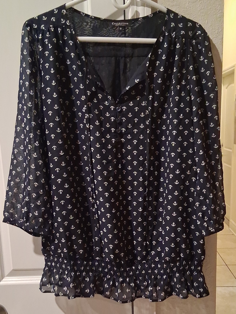 P: Collection B Navy and White Anchor Print Peasant Blouse